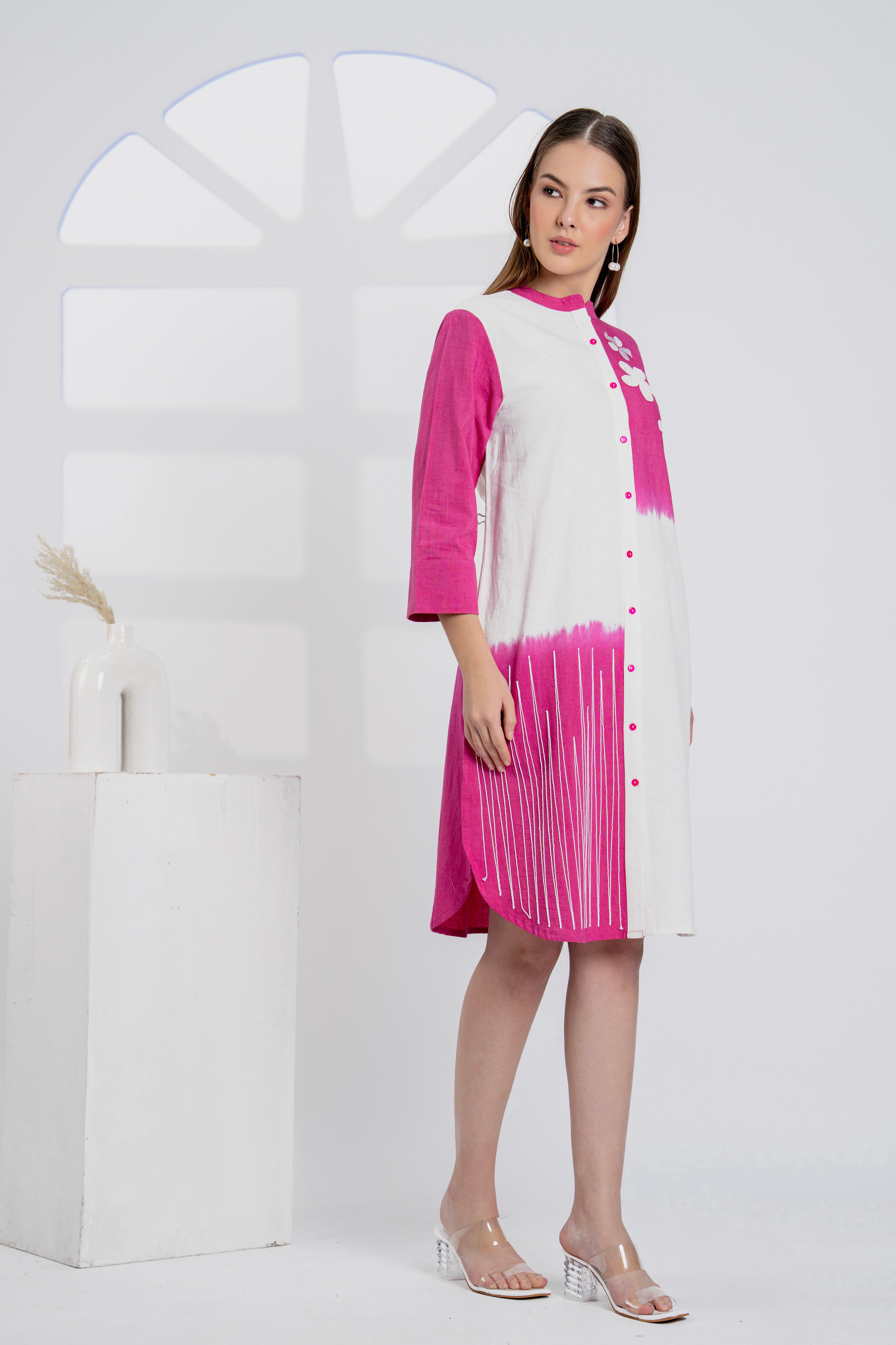 Timeless Pink & White Cotton Dress with Floral Embroidery