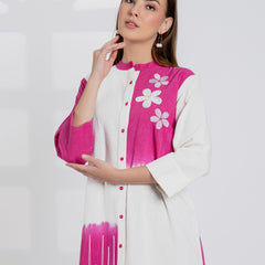Timeless Pink & White Cotton Dress with Floral Embroidery