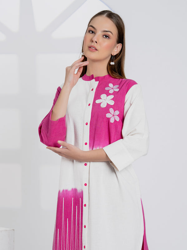Timeless Pink & White Cotton Dress with Floral Embroidery