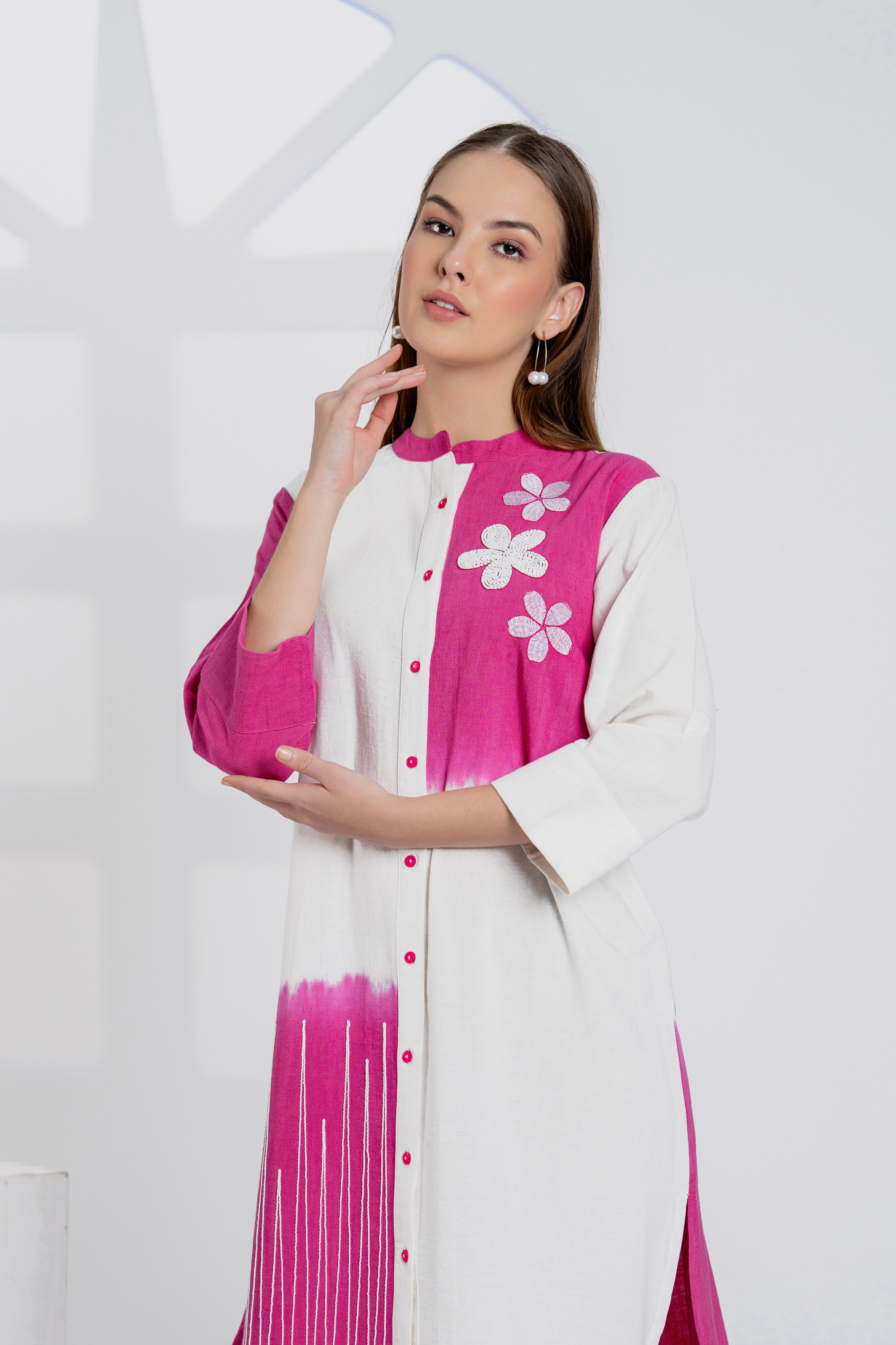 Timeless Pink & White Cotton Dress with Floral Embroidery