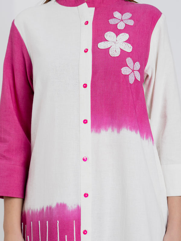 Timeless Pink & White Cotton Dress with Floral Embroidery