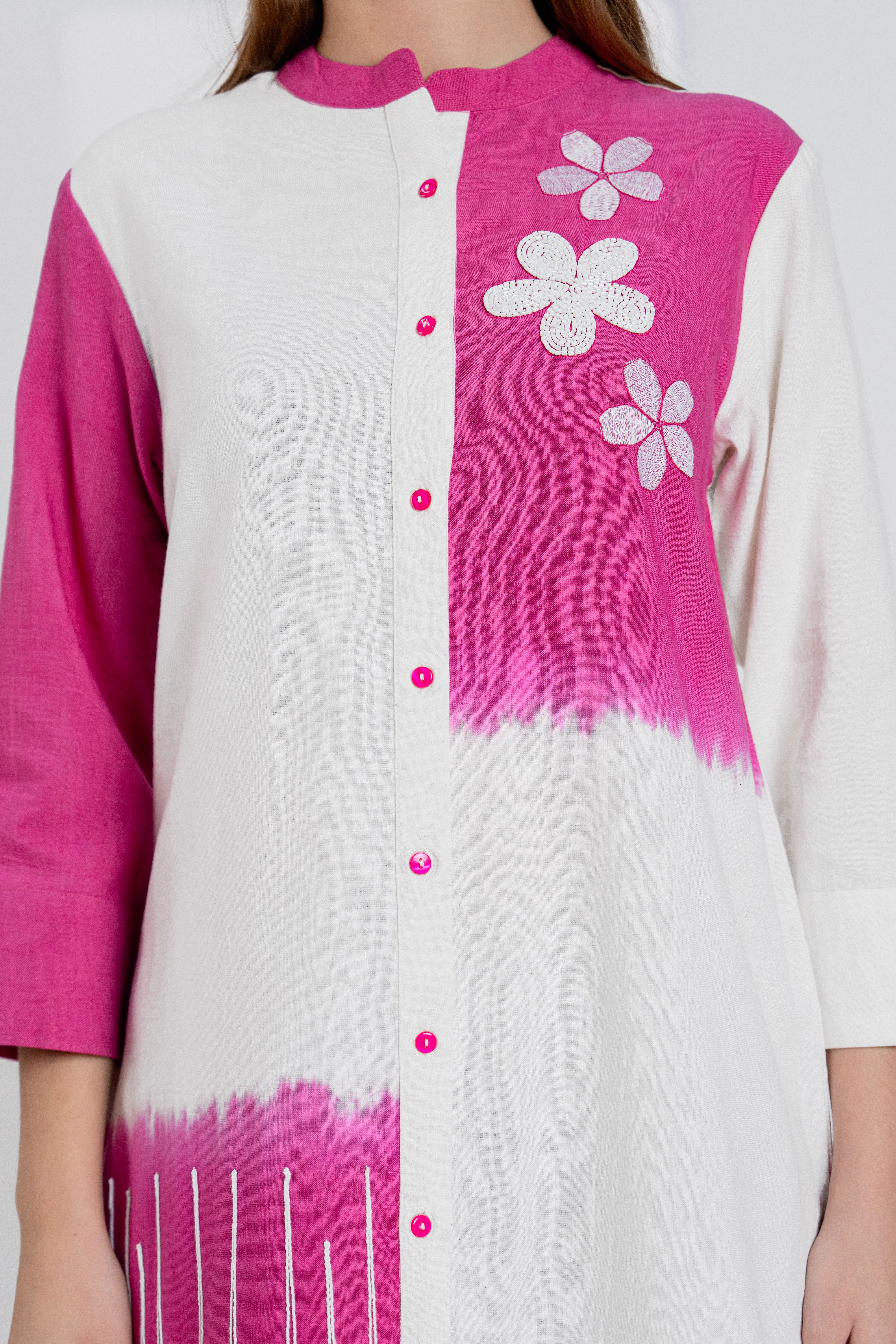 Timeless Pink & White Cotton Dress with Floral Embroidery
