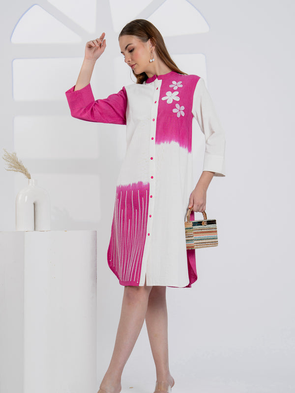 Timeless Pink & White Cotton Dress with Floral Embroidery