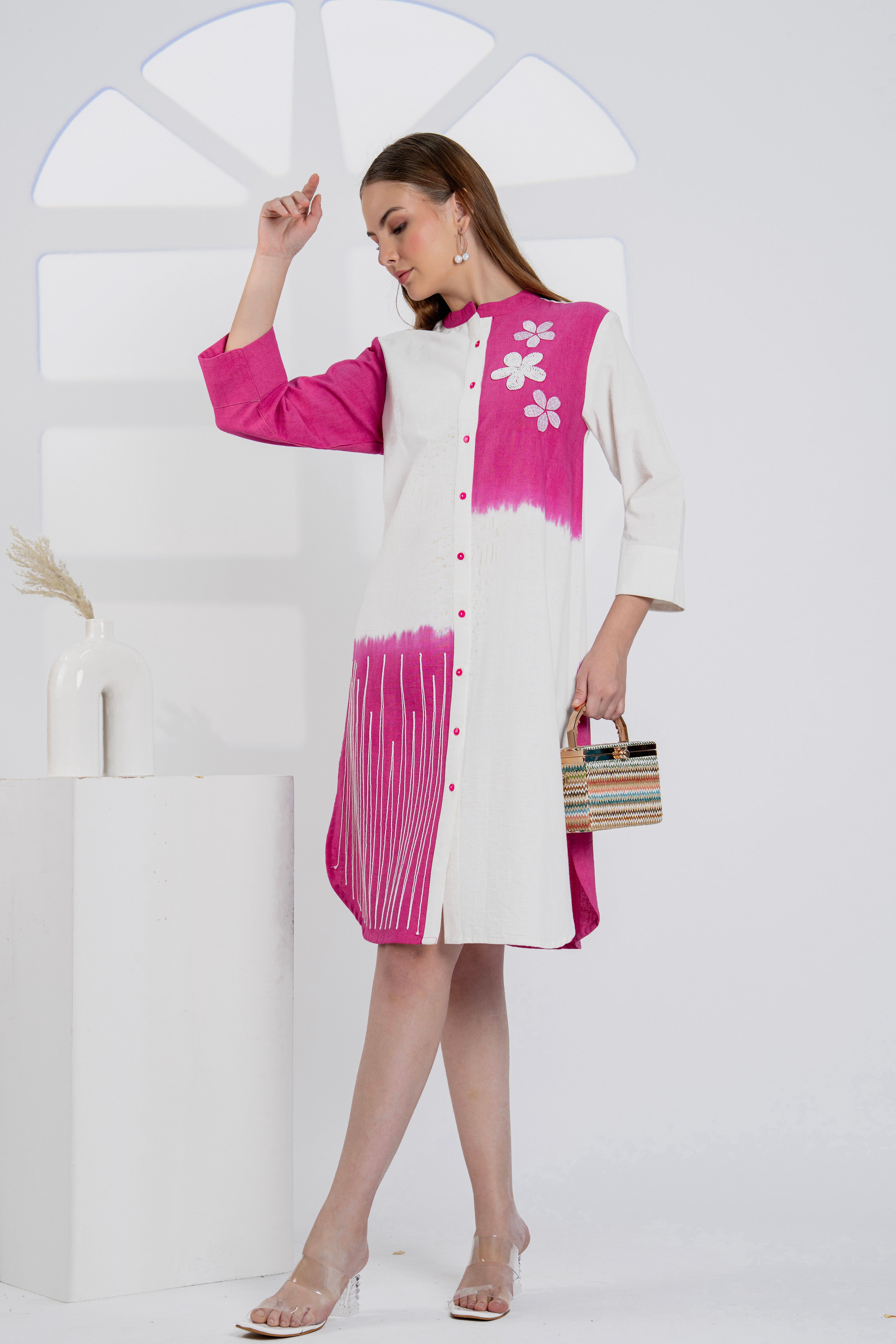 Timeless Pink & White Cotton Dress with Floral Embroidery