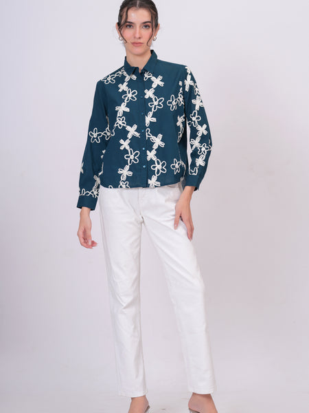Blue Cotton Embroidered Waist-Length Shirt with Collar Neck
