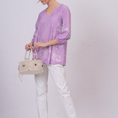 Elegant Lavender Top Featuring Delicate Multicolor Motifs