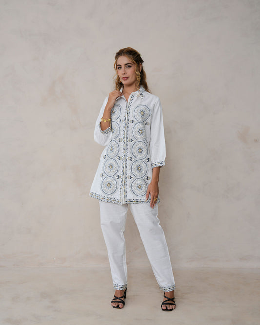 White Festive Embroidered Cotton Co-ord Set