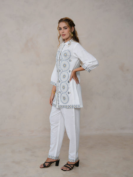 White Festive Embroidered Cotton Co-ord Set