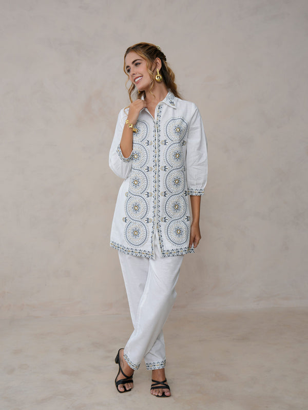 White Festive Embroidered Cotton Co-ord Set