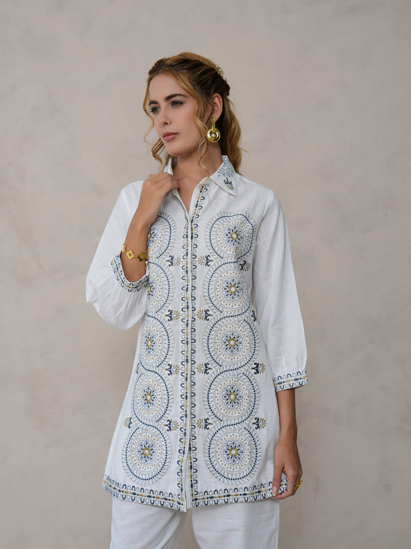 White Festive Embroidered Cotton Co-ord Set