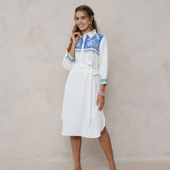 White Embroidered Tencel Midi Dress with Collar Neck