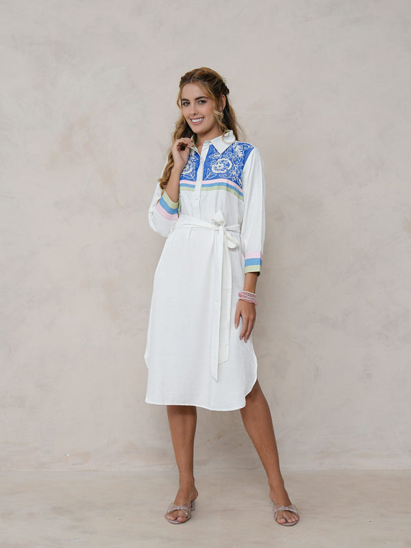 White Embroidered Tencel Midi Dress with Collar Neck