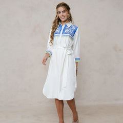 White Embroidered Tencel Midi Dress with Collar Neck