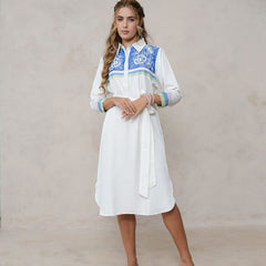 White Embroidered Tencel Midi Dress with Collar Neck