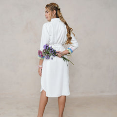 White Embroidered Tencel Midi Dress with Collar Neck