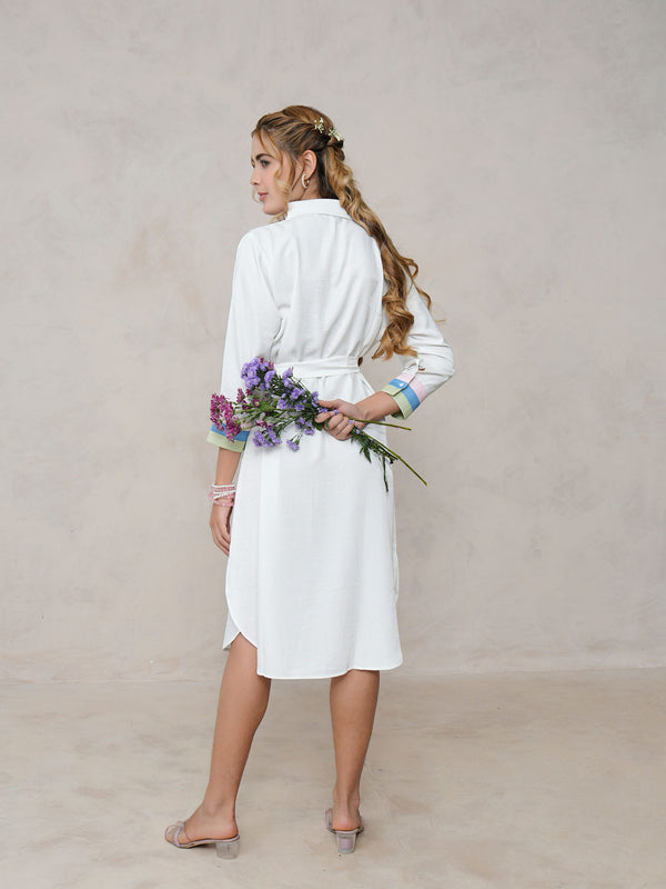 White Embroidered Tencel Midi Dress with Collar Neck