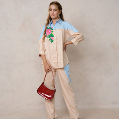 Women’s Cream Embroidered Crop Top Co-ord Set