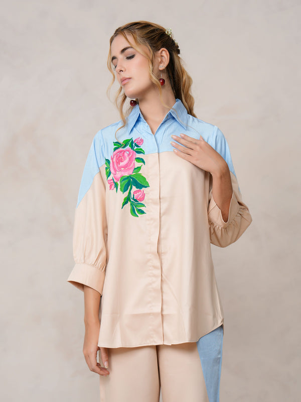 Women’s Cream Embroidered Crop Top Co-ord Set