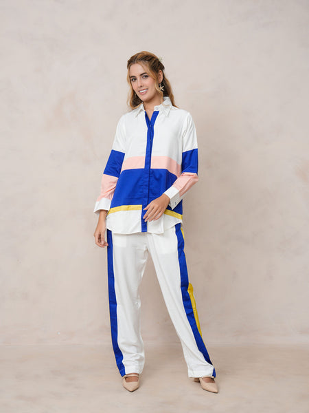 Women’s White & Blue Imported Tencel Embroidered Co-ord Set