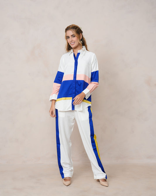Women’s White & Blue Imported Tencel Embroidered Co-ord Set