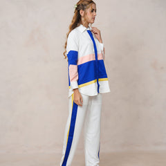 Women’s White & Blue Imported Tencel Embroidered Co-ord Set