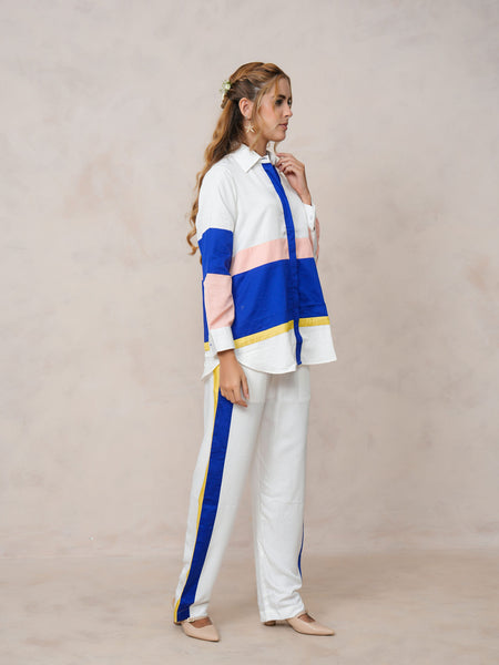 Women’s White & Blue Imported Tencel Embroidered Co-ord Set