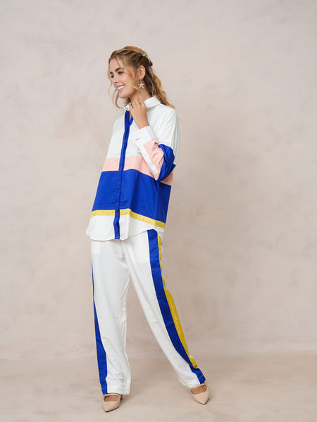 Women’s White & Blue Imported Tencel Embroidered Co-ord Set