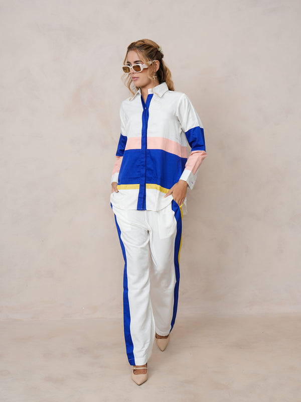 Women’s White & Blue Imported Tencel Embroidered Co-ord Set