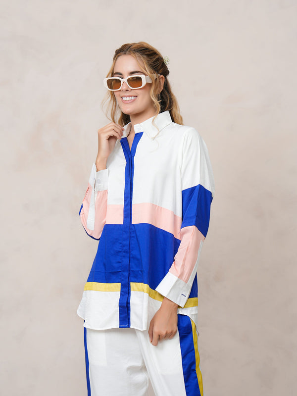 Women’s White & Blue Imported Tencel Embroidered Co-ord Set