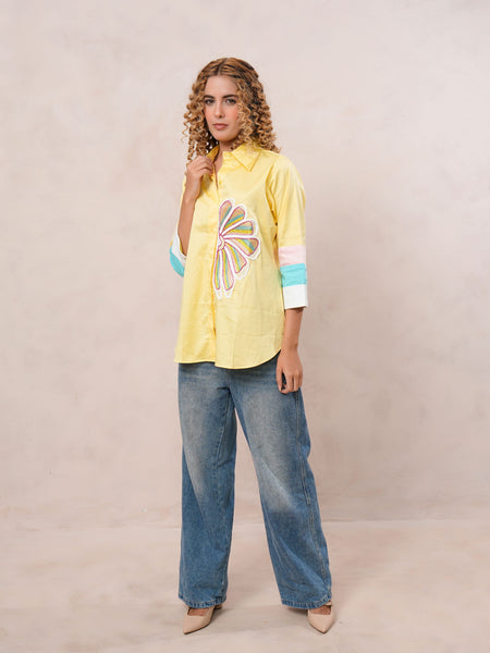 Women’s Yellow Embroidered Cotton Crop Shirt with Collar Neck