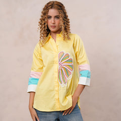 Women’s Yellow Embroidered Cotton Crop Shirt with Collar Neck