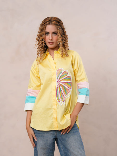 Women’s Yellow Embroidered Cotton Crop Shirt with Collar Neck