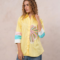 Women’s Yellow Embroidered Cotton Crop Shirt with Collar Neck