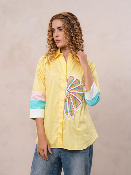 Women’s Yellow Embroidered Cotton Crop Shirt with Collar Neck