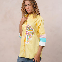 Women’s Yellow Embroidered Cotton Crop Shirt with Collar Neck