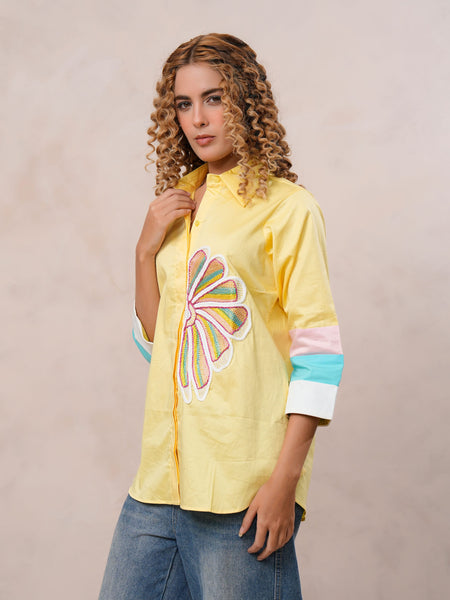 Women’s Yellow Embroidered Cotton Crop Shirt with Collar Neck