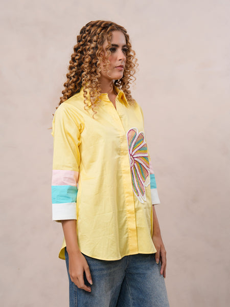 Women’s Yellow Embroidered Cotton Crop Shirt with Collar Neck