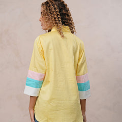 Women’s Yellow Embroidered Cotton Crop Shirt with Collar Neck