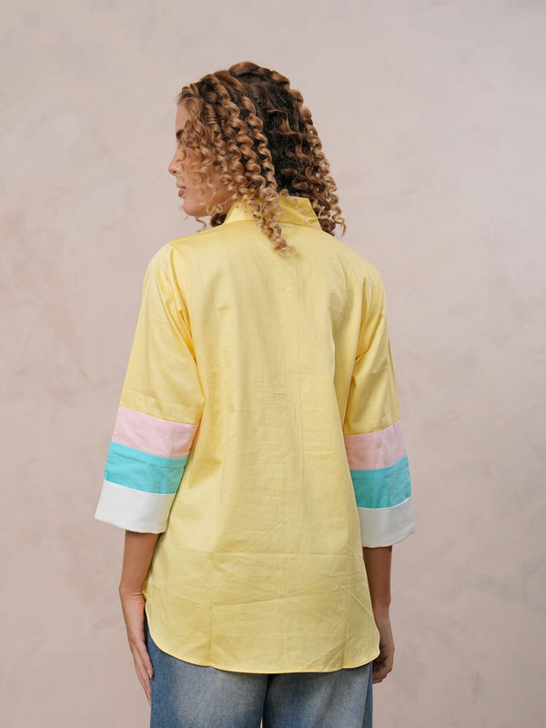 Women’s Yellow Embroidered Cotton Crop Shirt with Collar Neck