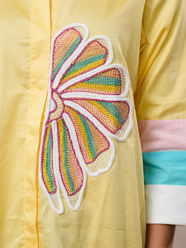Women’s Yellow Embroidered Cotton Crop Shirt with Collar Neck