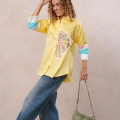 Women’s Yellow Embroidered Cotton Crop Shirt with Collar Neck