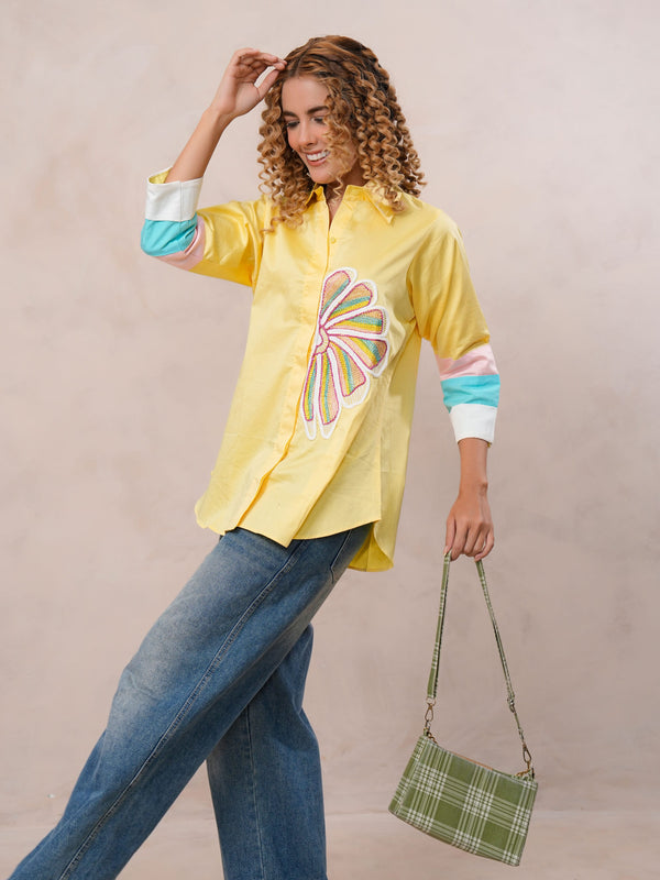 Women’s Yellow Embroidered Cotton Crop Shirt with Collar Neck