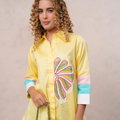 Women’s Yellow Embroidered Cotton Crop Shirt with Collar Neck