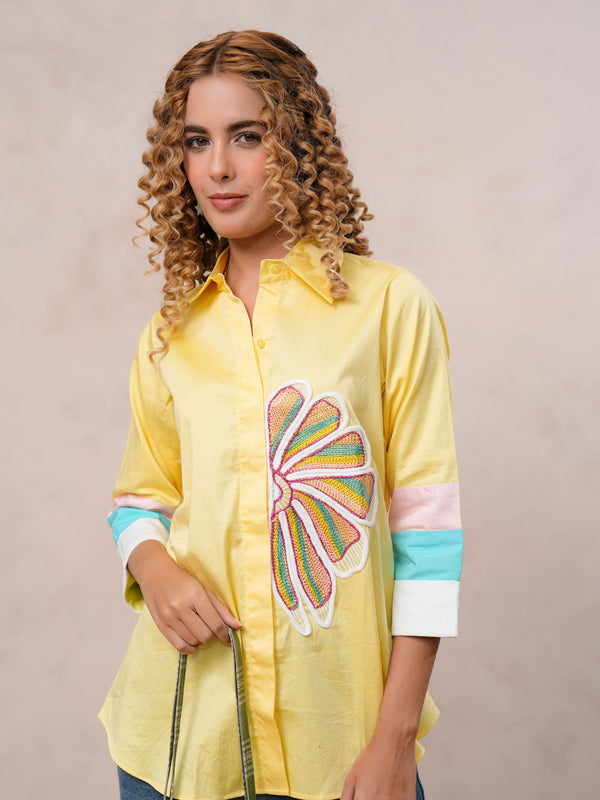 Women’s Yellow Embroidered Cotton Crop Shirt with Collar Neck