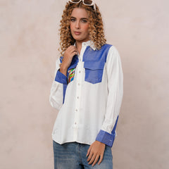 White & Blue Embroidered Tencel Crop Shirt with Collar Neck
