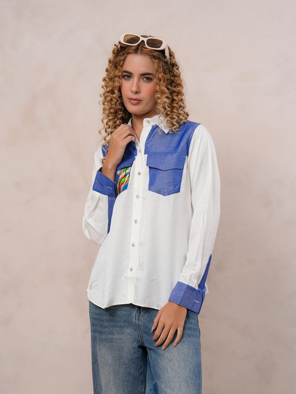 White & Blue Embroidered Tencel Crop Shirt with Collar Neck