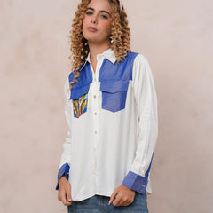 White & Blue Embroidered Tencel Crop Shirt with Collar Neck