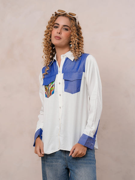 White & Blue Embroidered Tencel Crop Shirt with Collar Neck