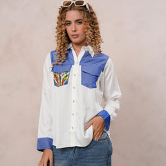 White & Blue Embroidered Tencel Crop Shirt with Collar Neck
