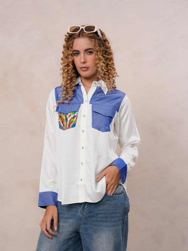 White & Blue Embroidered Tencel Crop Shirt with Collar Neck